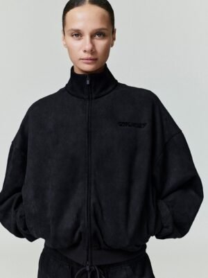 Full lifestyle and studio views of the authentic Jet Black Monochrome Essentials zip-up jacket and hoodie, curated by Zizzle LLC.