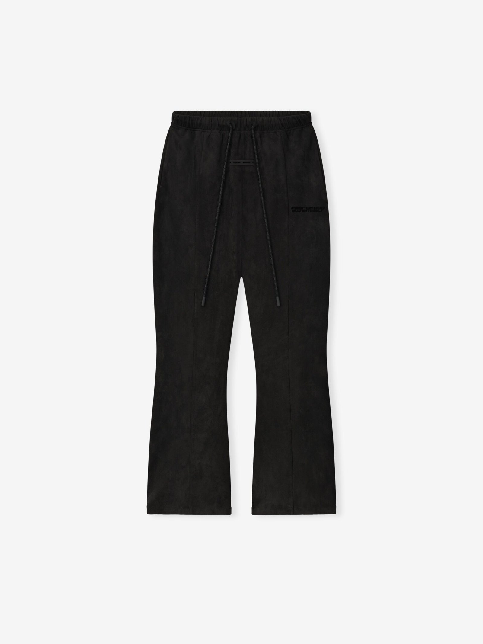 Front and detailed views of authentic jet black Essentials apparel featuring high-density tonal branding, managed by Zizzle LLC.